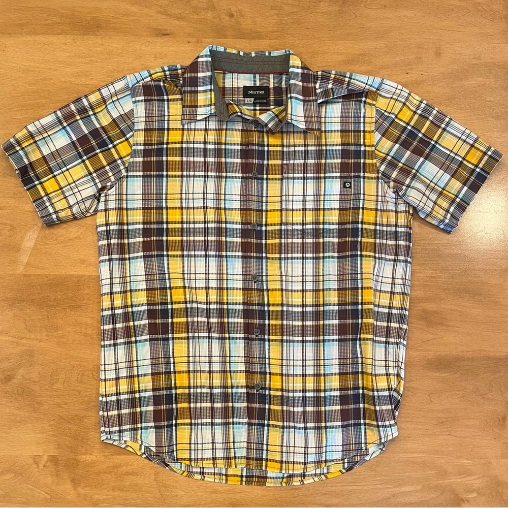 Marmot short-sleeveded button-up shirt with distinctive plaid colorway